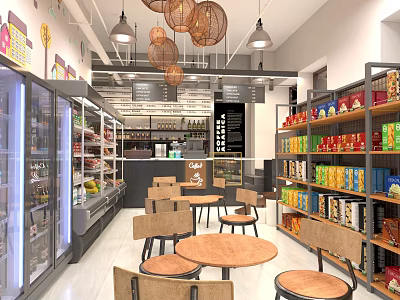 Bright Spacious Café Interior With Shelves Refrigerators Food Products And Seating Area Under Pendant Lights 3d model