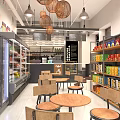 Bright Spacious Café Interior With Shelves Refrigerators Food Products And Seating Area Under Pendant Lights