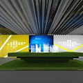 Contemporary Exhibition Space With White Irregular Reception Desk Black Ceiling Wall Artworks And Digital