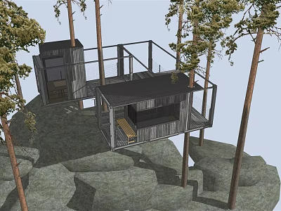 Wooden Treehouse Structure In Forest With Stone Base And Connected Cabins 3d model