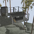 Wooden Treehouse Structure In Forest With Stone Base And Connected Cabins