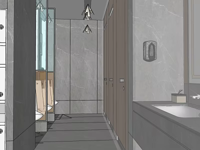Modern Public Restroom Interior With Gray Marble Walls Stalls Washbasin Mirror And Lighting Fixtures 3d model