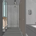 Modern Public Restroom Interior With Gray Marble Walls Stalls Washbasin Mirror And Lighting Fixtures