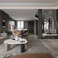 Modern Open Concept Living And Dining Room With Dark Wood And Marble Accents