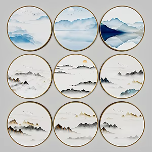 New Chinese Round Frame Painting Ink Painting Decorative Painting Combination 3d model
