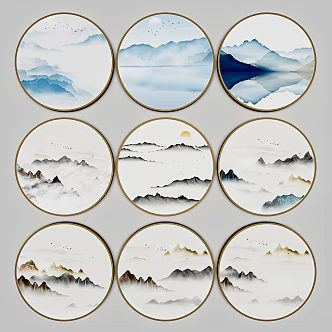 New Chinese Round Frame Painting Ink Painting Decorative Painting Combination 3d model