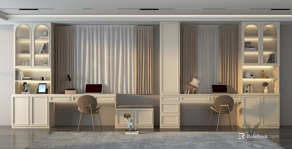 Modern Bay Window Interior With Desk Chair And Curtain Design Elements 3d model 