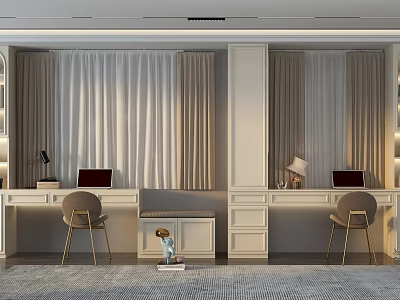 Modern Bay Window Interior With Desk Chair And Curtain Design Elements 3d model