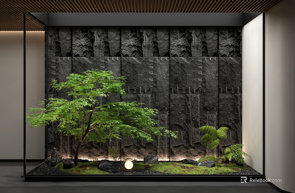 Courtyard Garden With Black Stone Wall Waterfall Green Tree Small Plants Stones Grass Round Light 3d model 