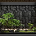 Courtyard Garden With Black Stone Wall Waterfall Green Tree Small Plants Stones Grass Round Light