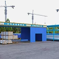 Blue Construction Material Storage Structure With Wooden Coiled Materials And Tower Cranes 3d model