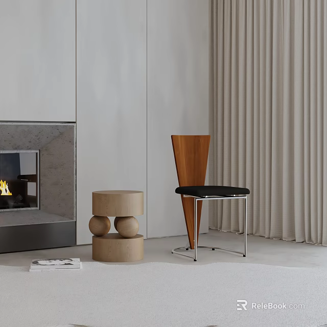 Tapered Wooden Back Accent Chair With Black Seat In Minimalist Living Room Near Fireplace 3d model 