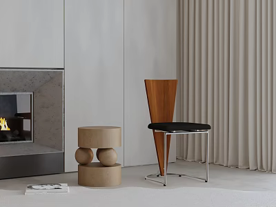 Tapered Wooden Back Accent Chair With Black Seat In Minimalist Living Room Near Fireplace 3d model