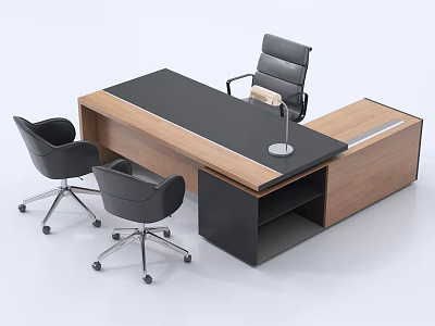 Modern Office Desk With Black Tabletop Wooden Frame Three Black Chairs And Desk Lamp 3d model
