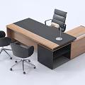 Modern Office Desk With Black Tabletop Wooden Frame Three Black Chairs And Desk Lamp