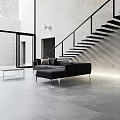 Elegant Modern Living Room Interior With Open Concept Large Windows Black Sofa And Gray Flooring