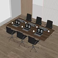 Wooden Conference Table With Black Office Chairs Laptops Coffee Cups And Time Display 1316