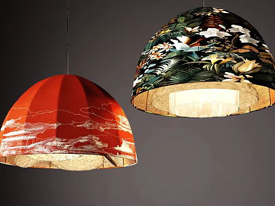 Artistic Pendant Lights Featuring Red Shade White Landscape And Colorful Floral Bird Designs 3d model