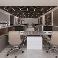 Modern Public Office Space With Open Layout Wooden Slat Ceiling And Ergonomic Workstations