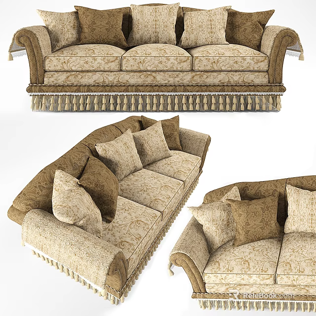 Classic Three Seater Sofa With Beige Upholstery And Brown Cushions Tassel Trim 3d model 
