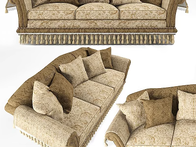 Classic Three Seater Sofa With Beige Upholstery And Brown Cushions Tassel Trim 3d model