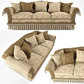 Classic Three Seater Sofa With Beige Upholstery And Brown Cushions Tassel Trim