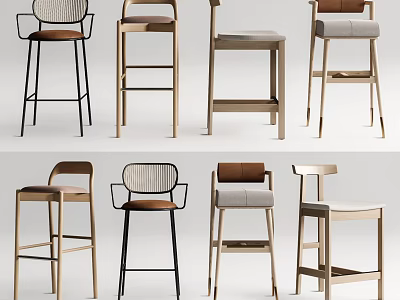 Stylish Modern Bar Stools With Various Designs Wooden Frames And Upholstered Seats 3d model