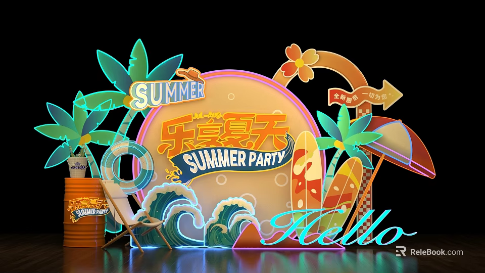 Summer Party Photo Check in Spot With Palm Trees Surfboards And Neon Lights 3d model 