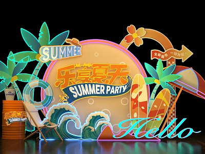 Summer Party Photo Check in Spot With Palm Trees Surfboards And Neon Lights 3d model