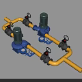 Industrial Piping System with Yellow Pipes Blue Pumps and Black Valves