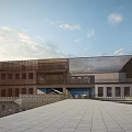 Modern Brown Museum Building With Perforated Facade Water Reflection And Blue Sky White Clouds