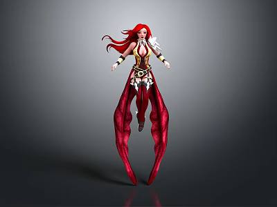 3D Fantasy Female Character With Long Red Hair Red Gold Outfit and Flowing Appendages 3d model