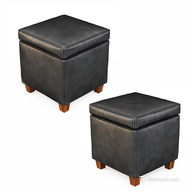 Two Black Leather Ottoman Stools With Brown Wooden Legs Modern Design Set 3d model 
