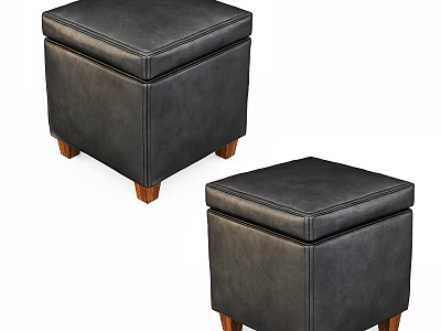 Two Black Leather Ottoman Stools With Brown Wooden Legs Modern Design Set 3d model