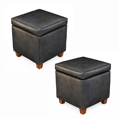 Two Black Leather Ottoman Stools With Brown Wooden Legs Modern Design Set 3d model