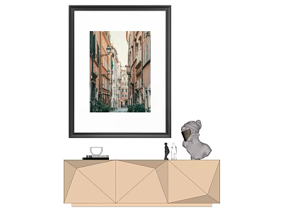 Framed City Alley Photo On Geometric Beige Cabinet With Decorative Dog Figurine 3d model