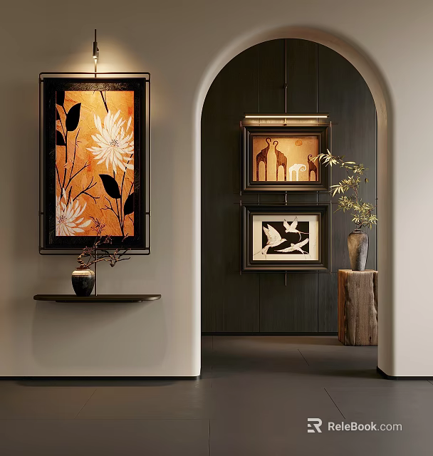 Artistic Interior Design With Decorative Paintings Archway Wooden Walls And Potted Plants 3d model 