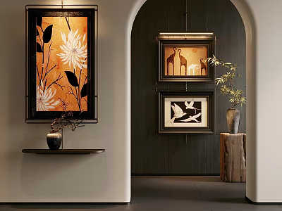 Artistic Interior Design With Decorative Paintings Archway Wooden Walls And Potted Plants 3d model
