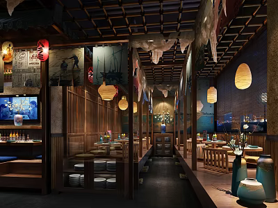 Traditional Chinese Restaurant Interior With Hanging Lanterns Wooden Decor And Dining Tables 3d model