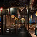 Traditional Chinese Restaurant Interior With Hanging Lanterns Wooden Decor And Dining Tables