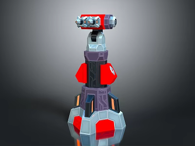 Red And Gray Sci Fi Mechanical Weapon Turret With Multi Layer Structure And Gun Barrel 3d model