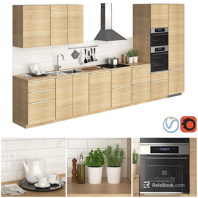 Modern Kitchen Interior Design With Wooden Cabinets Sink Stove And Appliances 3d model 