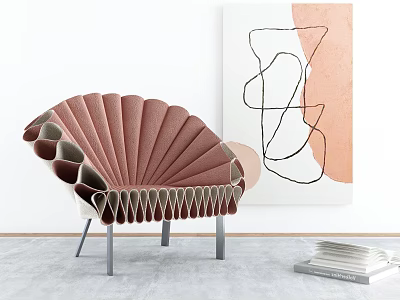 Modern Fan Shaped Leisure Chair With Metal Legs And Abstract Wall Art 3d model