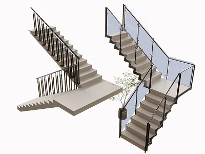 Modern Staircase Designs With Glass And Metal Railings For Interior Spaces 3d model