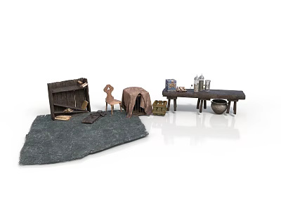 Rustic Scene Components With Felt Rug Canvas Tent Wooden Table And Clay Pots 3d model