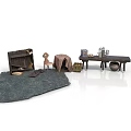 Rustic Scene Components With Felt Rug Canvas Tent Wooden Table And Clay Pots