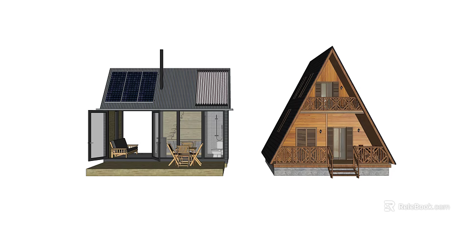 Wooden House with Triangular Roof Solar Panels Outdoor Terrace and Balcony Stairs 3d model 