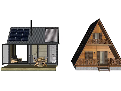 Wooden House with Triangular Roof Solar Panels Outdoor Terrace and Balcony Stairs 3d model