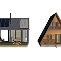 Wooden House with Triangular Roof Solar Panels Outdoor Terrace and Balcony Stairs