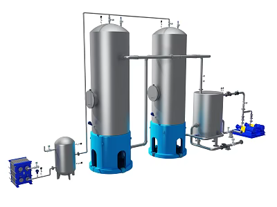 Industrial Equipment Featuring Stainless Steel Tanks Blue Bases Piping Systems And Control Units 3d model